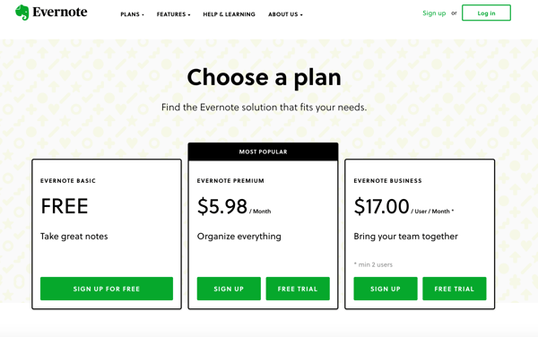 Evernote pricing grid